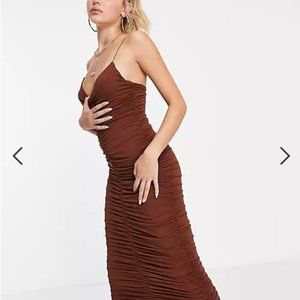 ASOS DESIGN cami strappy midi dress with ruched detail in brown